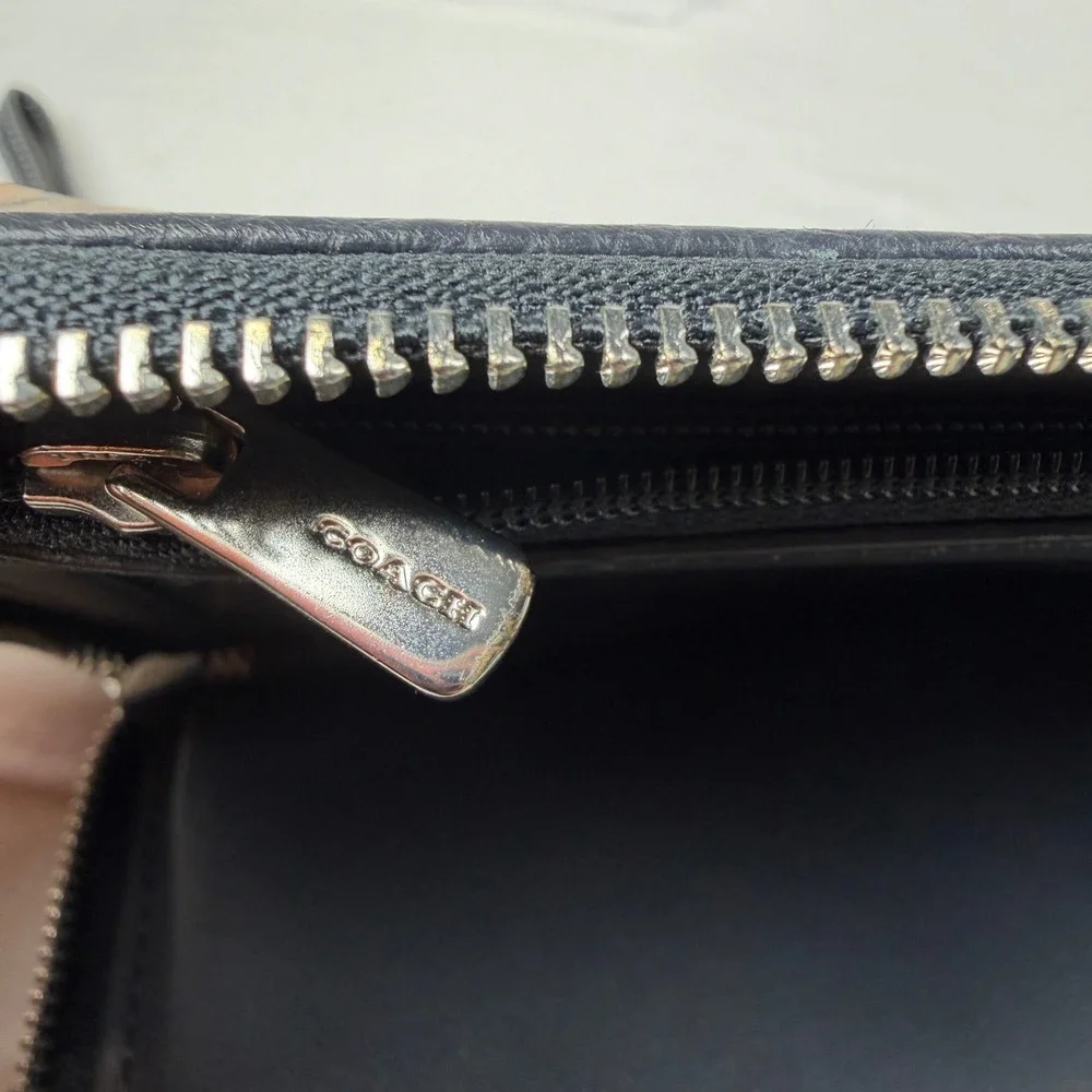 Coach Accordion Zip Wallet Womens OS Navy Blue Signature Jacquard Dempsey